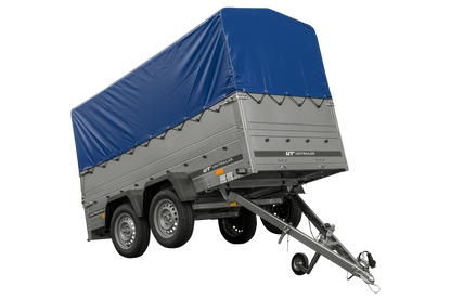 REMOLQUE DE JARDÍN UNITRAILER 264/2 KIPP Remolque de doble eje con rueda de apoyo, paredes laterales adicionales, estructura y lona alta