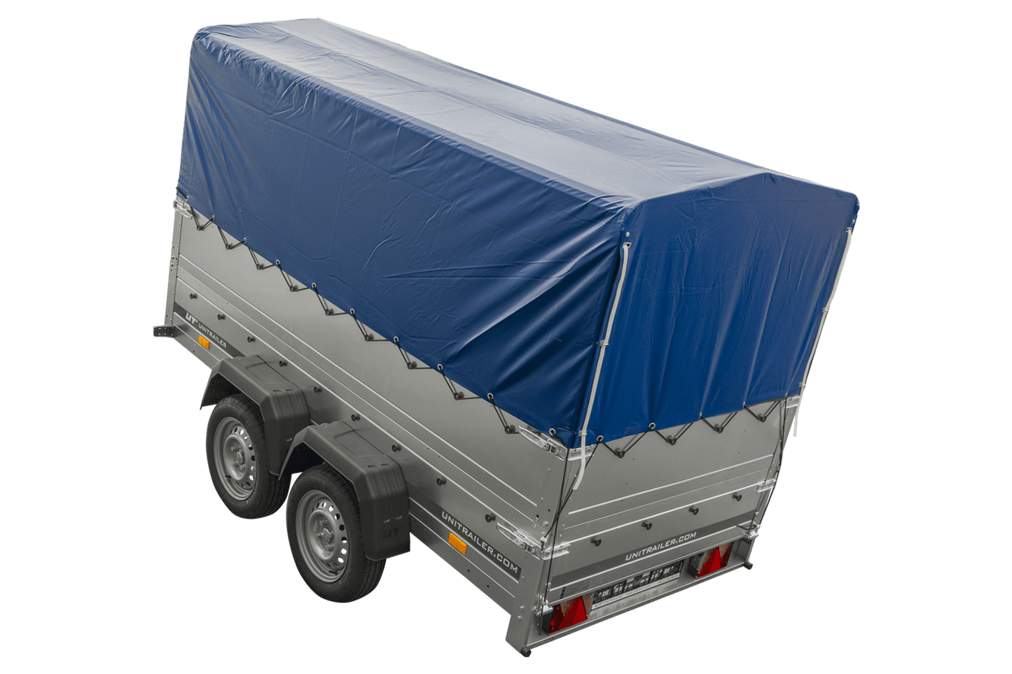 REMOLQUE DE JARDÍN UNITRAILER 264/2 KIPP Remolque de doble eje con rueda de apoyo, paredes laterales adicionales, estructura y lona alta
