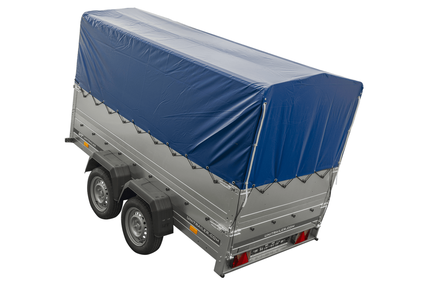 REMOLQUE DE JARDÍN UNITRAILER 264/2 KIPP Remolque de doble eje con rueda de apoyo, paredes laterales adicionales, estructura y lona alta