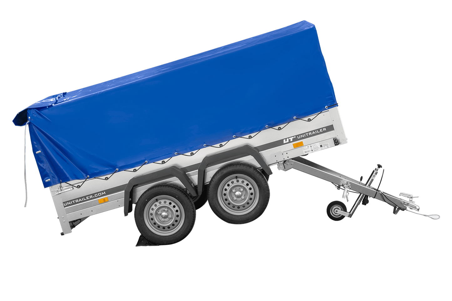 Remolque de dos ejes 264x150 UNITRAILER GARDEN 265/2 BASCULANTE con marco H-800 y lona azul