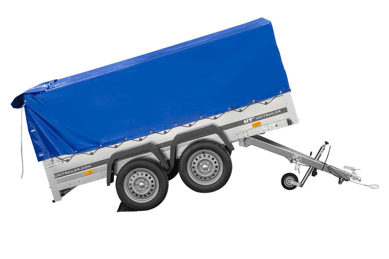 Remolque de dos ejes 264x150 UNITRAILER GARDEN 265/2 BASCULANTE con marco H-800 y lona azul