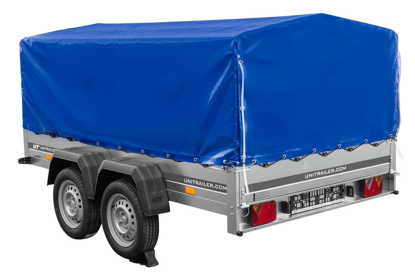 Remolque de dos ejes 264x150 UNITRAILER GARDEN 265/2 BASCULANTE con marco H-800 y lona azul