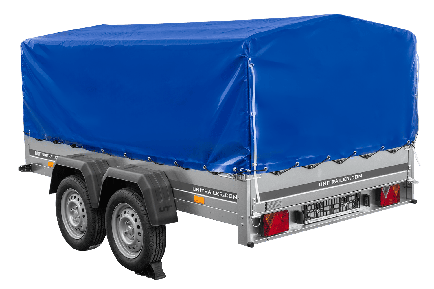 Remolque de dos ejes 264x150 UNITRAILER GARDEN 265/2 BASCULANTE con marco H-800 y lona azul
