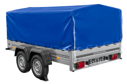 Remolque de dos ejes 264x150 UNITRAILER GARDEN 265/2 BASCULANTE con marco H-800 y lona azul