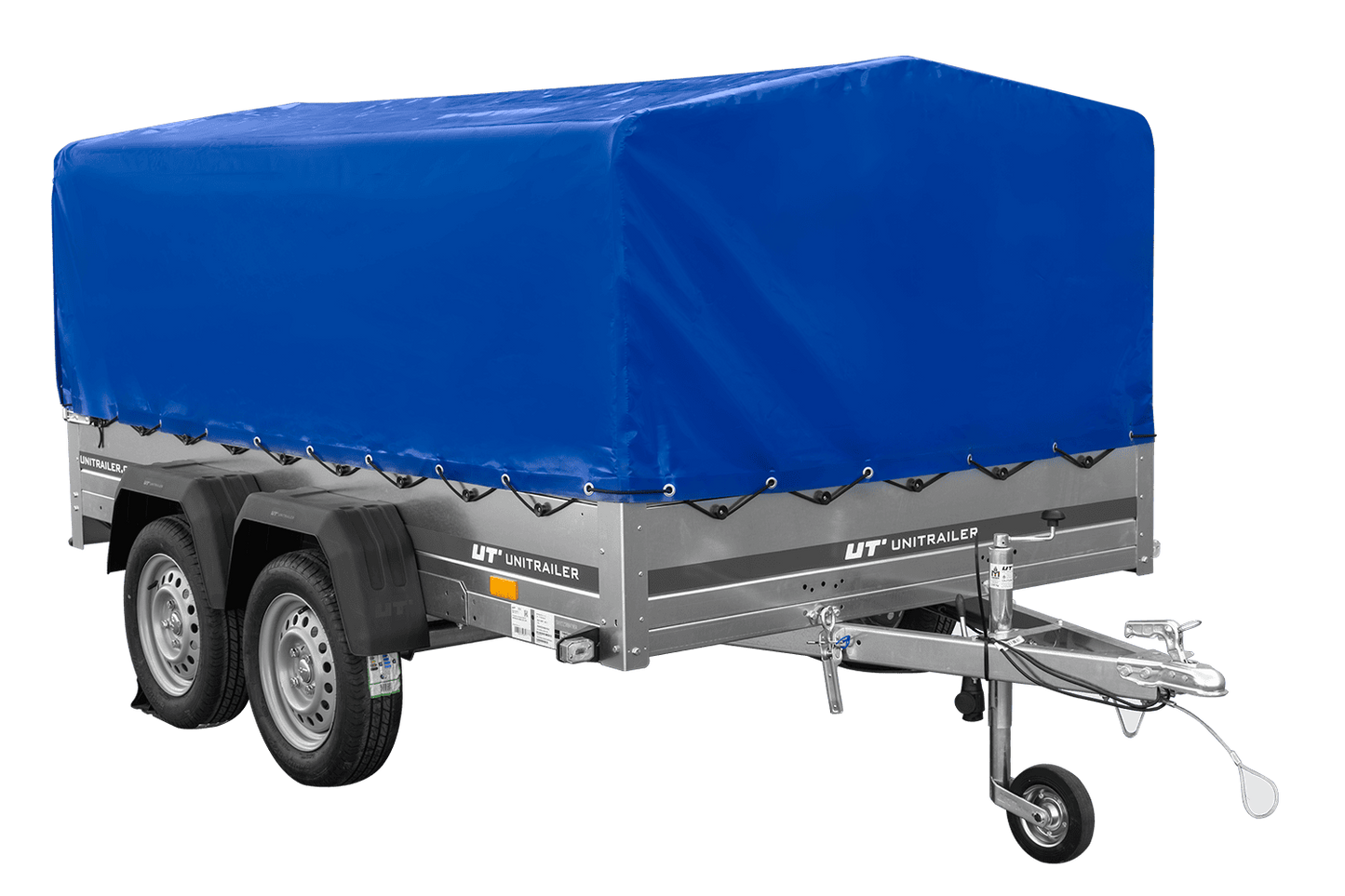 Remolque de dos ejes 264x150 UNITRAILER GARDEN 265/2 BASCULANTE con marco H-800 y lona azul