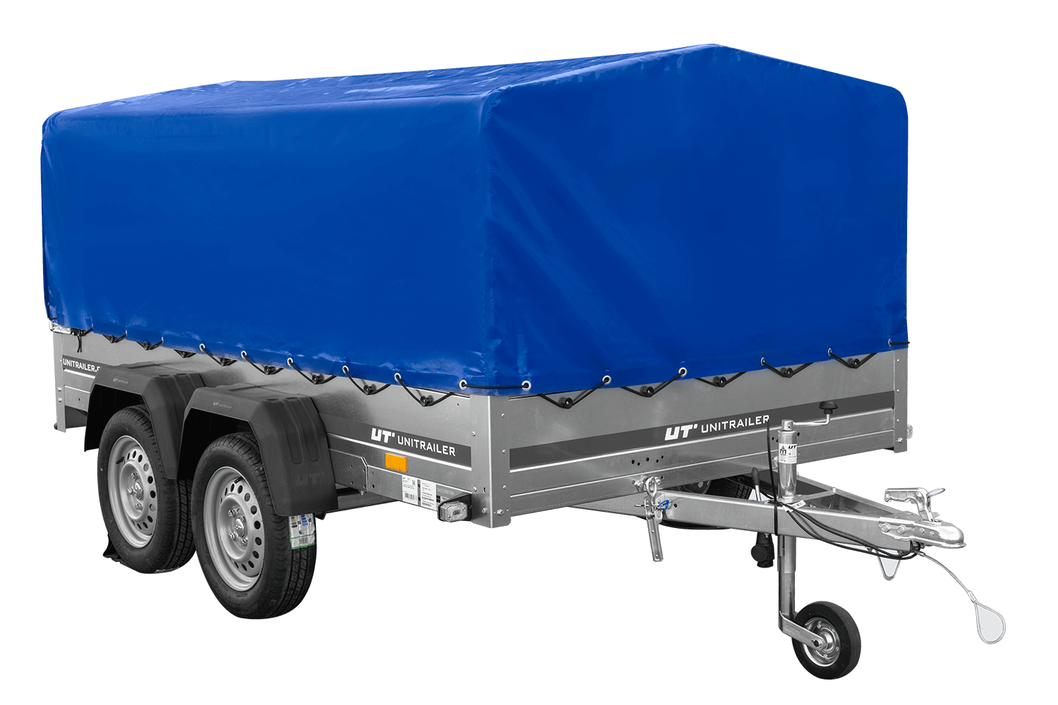Remolque de dos ejes 264x150 UNITRAILER GARDEN 265/2 BASCULANTE con marco H-800 y lona azul