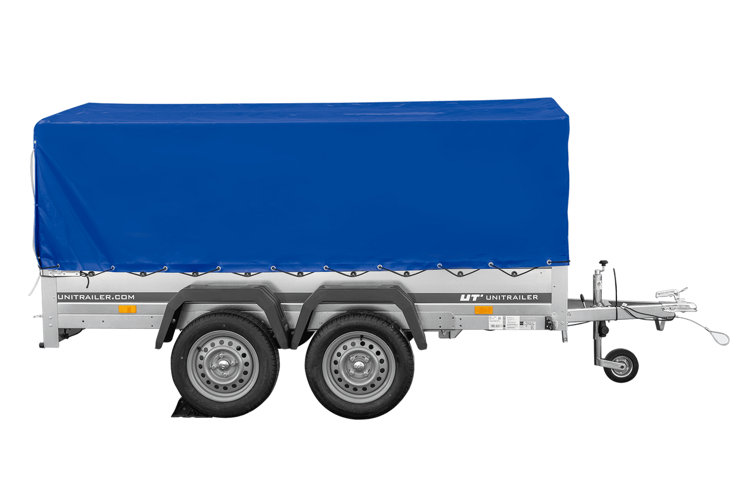 Remolque de dos ejes 264x150 UNITRAILER GARDEN 265/2 BASCULANTE con marco H-800 y lona azul