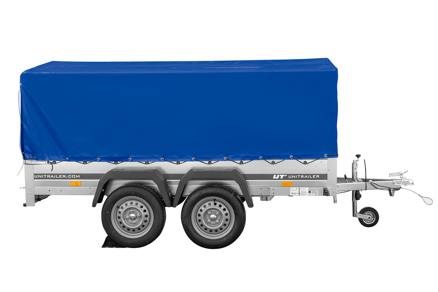 Remolque de dos ejes 264x150 UNITRAILER GARDEN 265/2 BASCULANTE con marco H-800 y lona azul