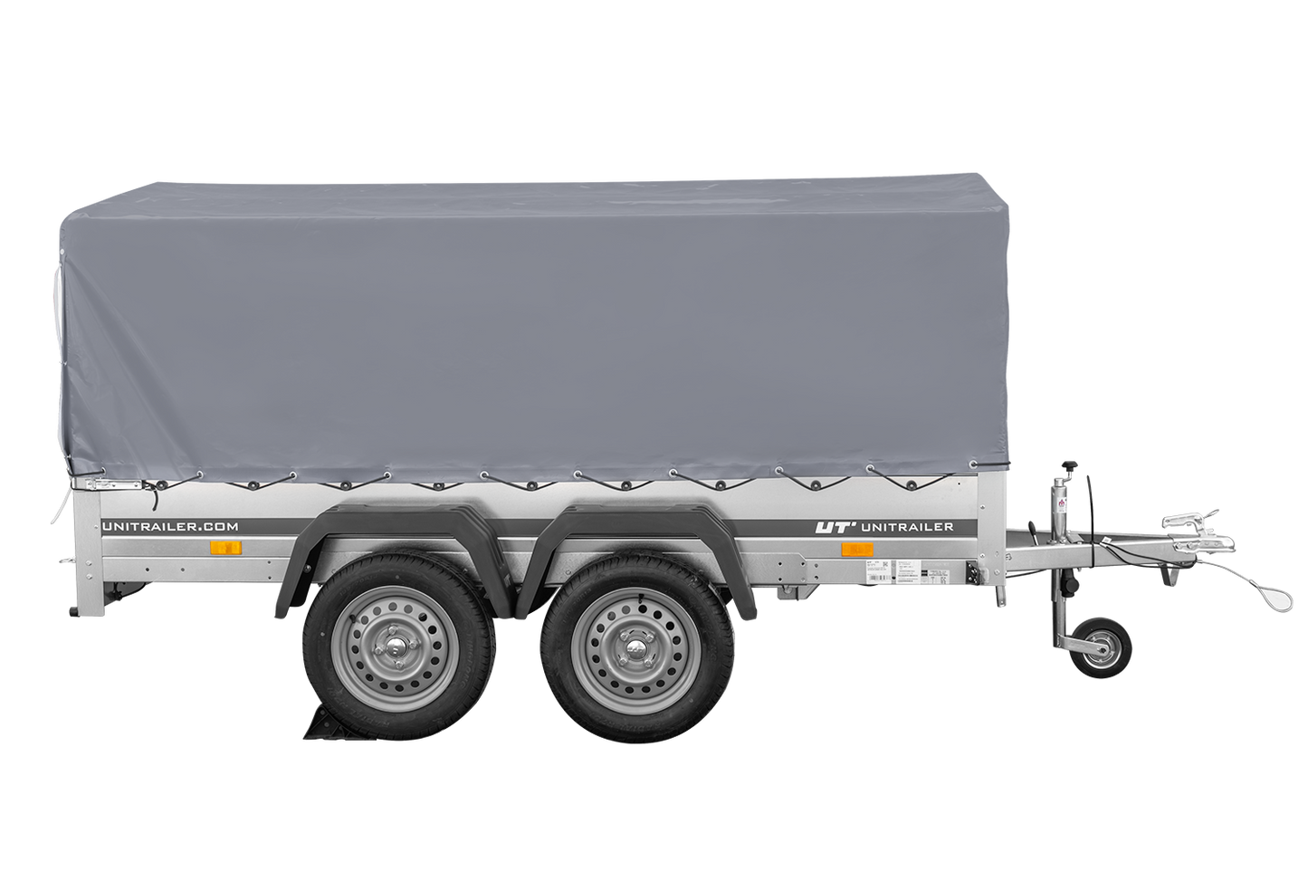 Remolque de dos ejes 264x150 UNITRAILER GARDEN 265/2 BASCULANTE con marco H-800 y lona gris