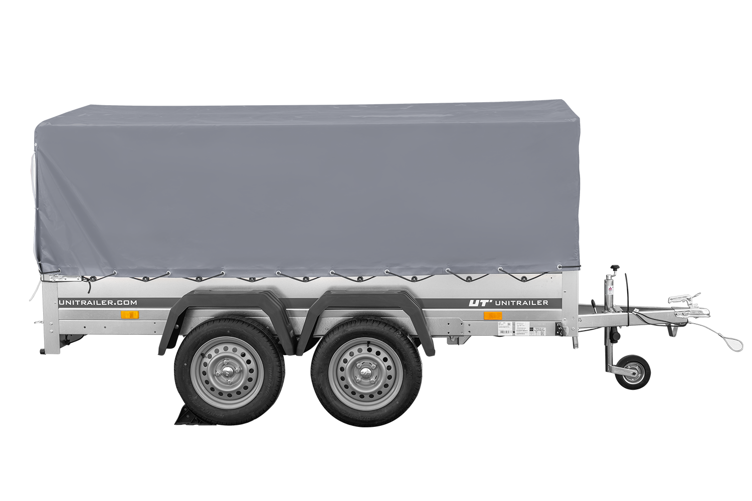 Remolque de dos ejes 264x150 UNITRAILER GARDEN 265/2 BASCULANTE con marco H-800 y lona gris