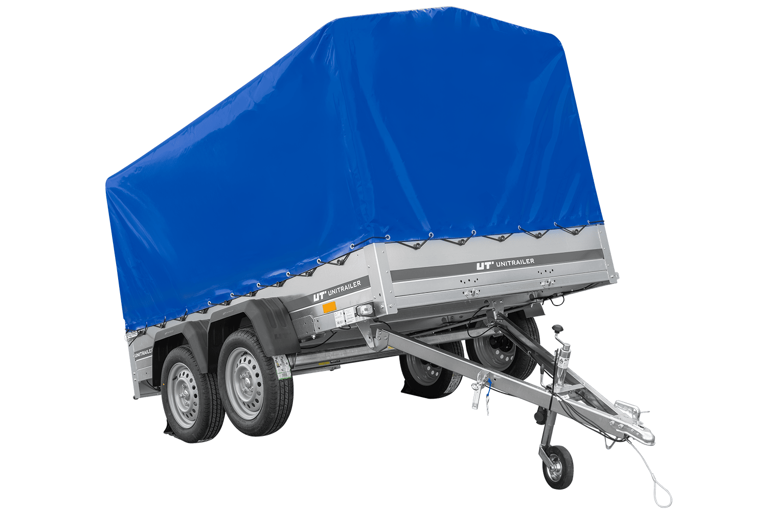 Remolque de dos ejes 264x150 UNITRAILER GARDEN 265/2 BASCULANTE con marco H-1100 y lona azul