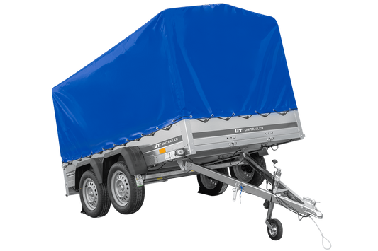 Remolque de dos ejes 264x150 UNITRAILER GARDEN 265/2 BASCULANTE con marco H-1100 y lona azul