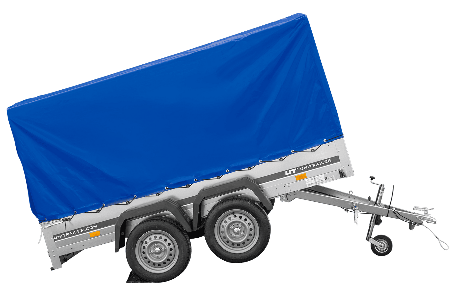 Remolque de dos ejes 264x150 UNITRAILER GARDEN 265/2 BASCULANTE con marco H-1100 y lona azul