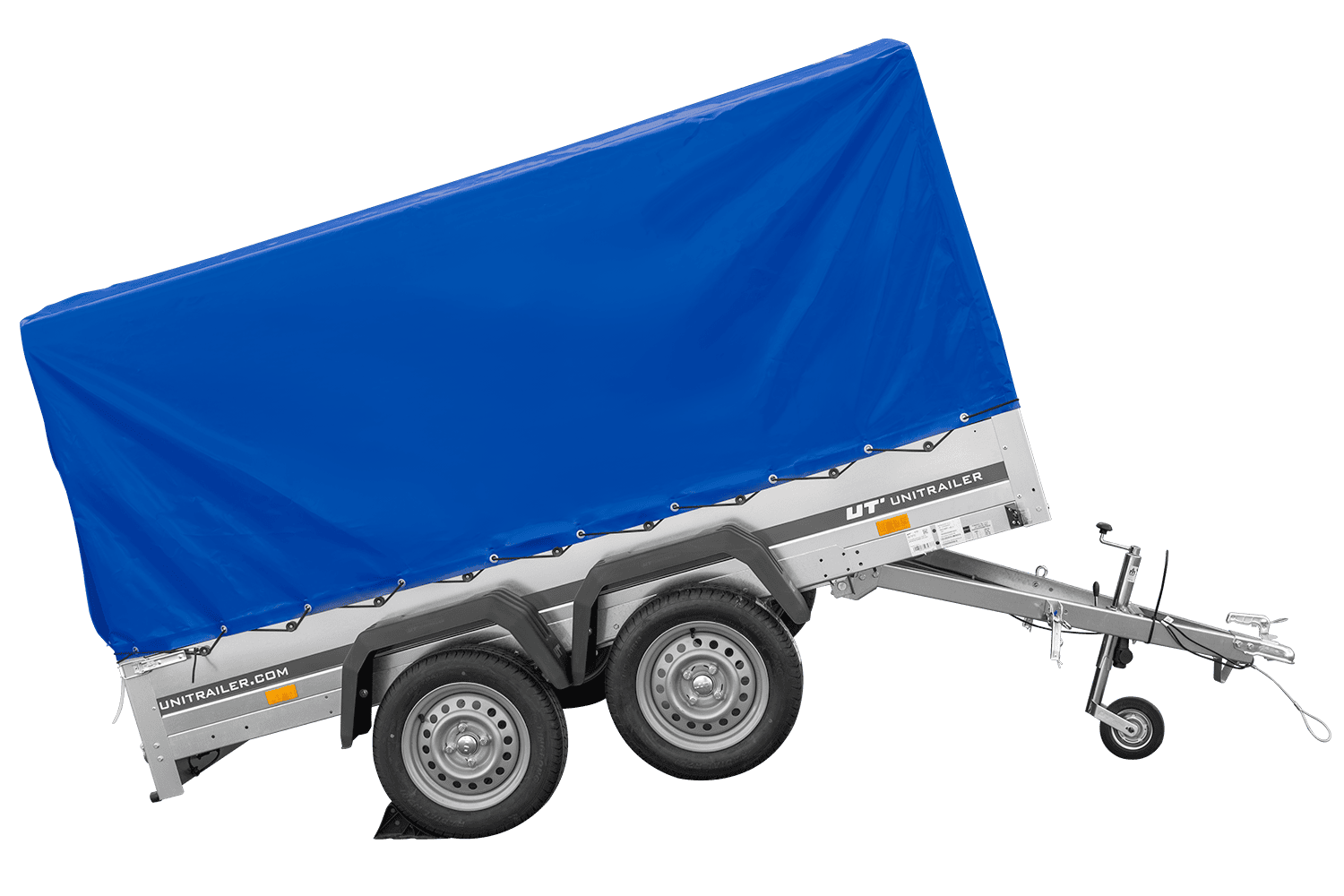 Remolque de dos ejes 264x150 UNITRAILER GARDEN 265/2 BASCULANTE con marco H-1100 y lona azul
