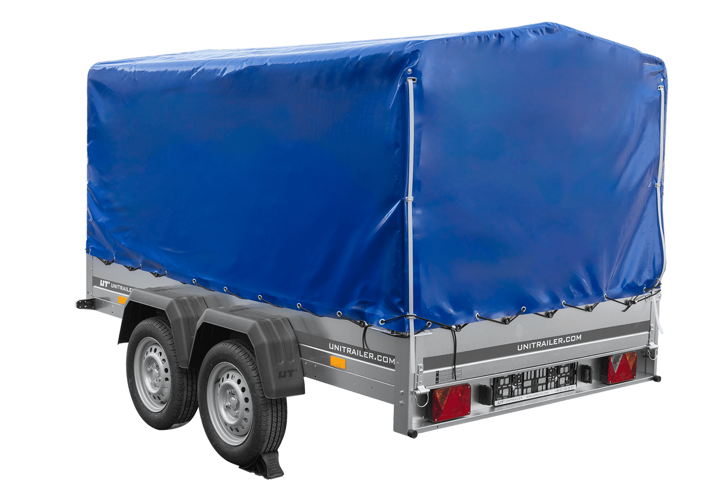 Remolque de dos ejes 264x150 UNITRAILER GARDEN 265/2 BASCULANTE con marco H-1100 y lona azul