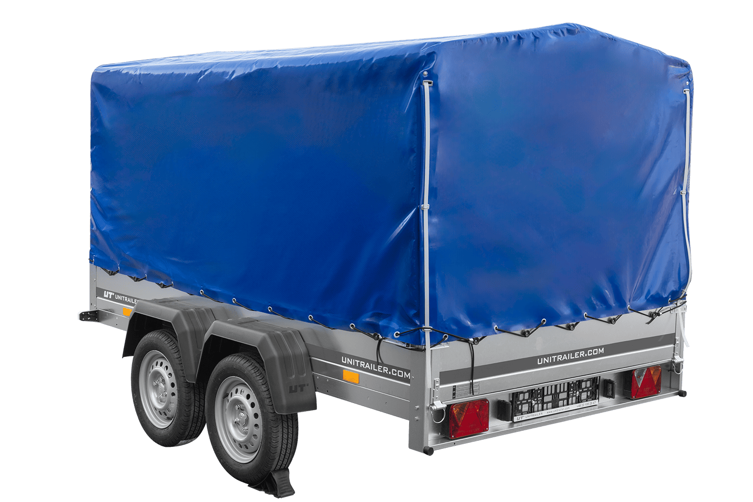 Remolque de dos ejes 264x150 UNITRAILER GARDEN 265/2 BASCULANTE con marco H-1100 y lona azul