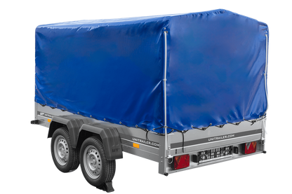 Remolque de dos ejes 264x150 UNITRAILER GARDEN 265/2 BASCULANTE con marco H-1100 y lona azul
