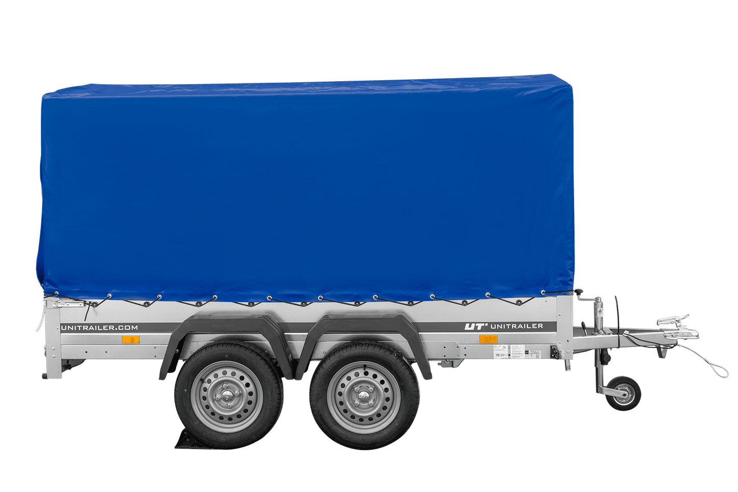 Remolque de dos ejes 264x150 UNITRAILER GARDEN 265/2 BASCULANTE con marco H-1100 y lona azul