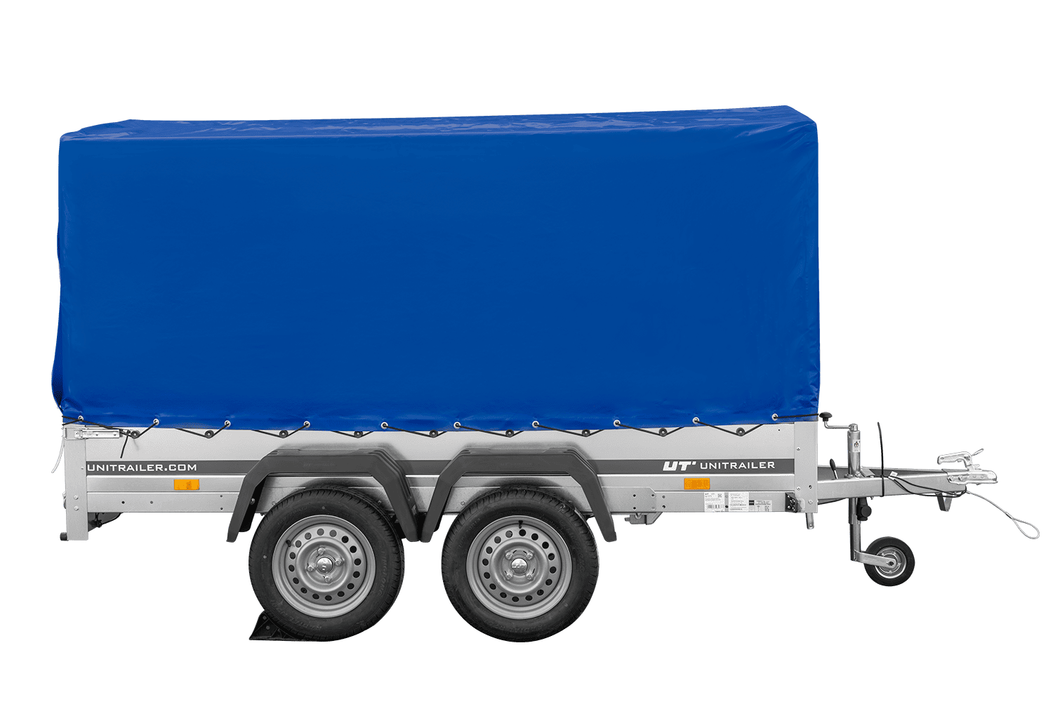 Remolque de dos ejes 264x150 UNITRAILER GARDEN 265/2 BASCULANTE con marco H-1100 y lona azul