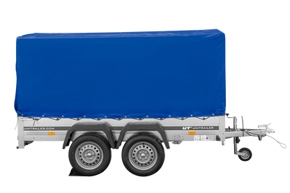 Remolque de dos ejes 264x150 UNITRAILER GARDEN 265/2 BASCULANTE con marco H-1100 y lona azul