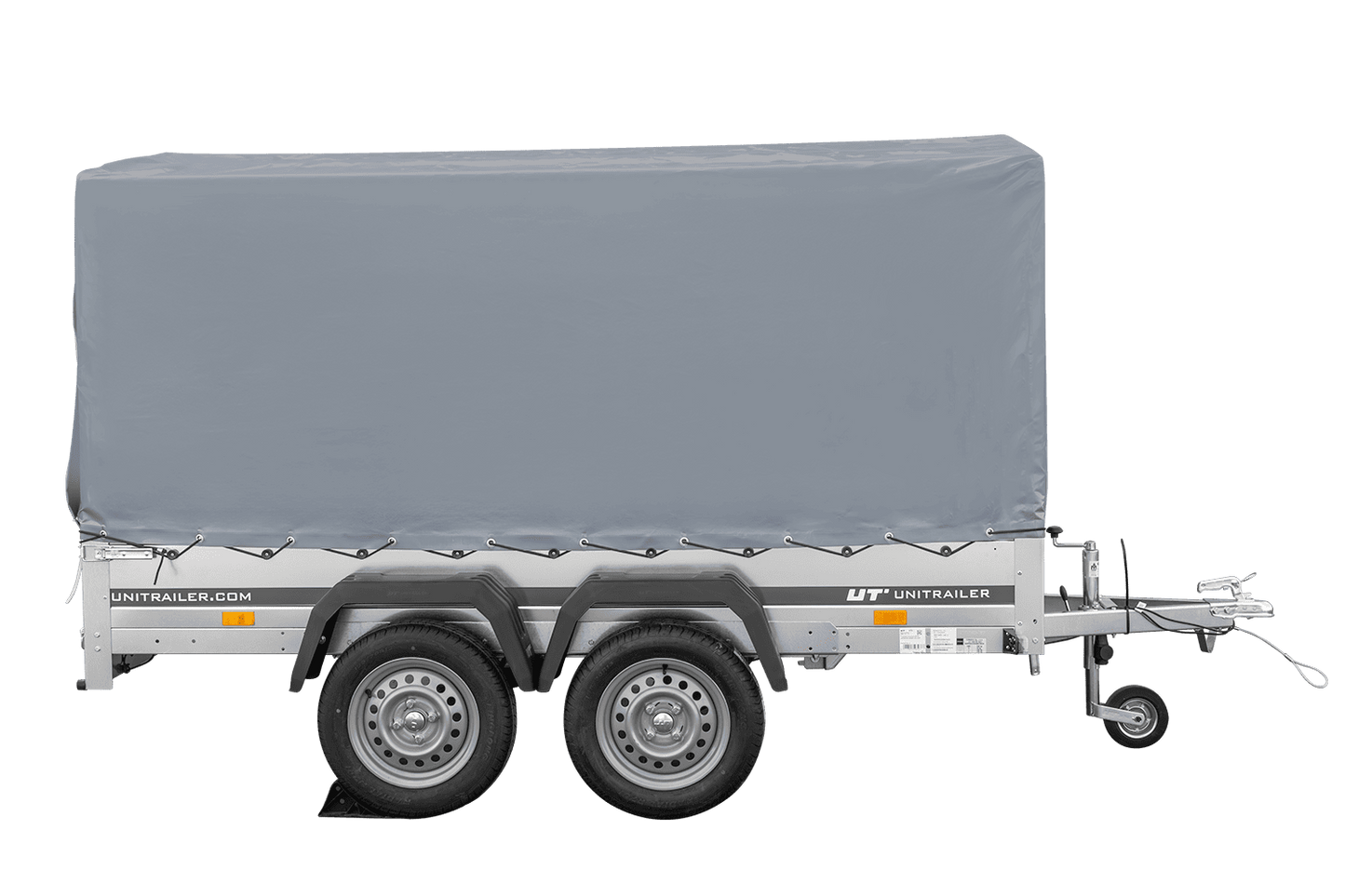 Remolque de dos ejes 264x150 UNITRAILER GARDEN 265/2 BASCULANTE con marco H-1100 y lona gris