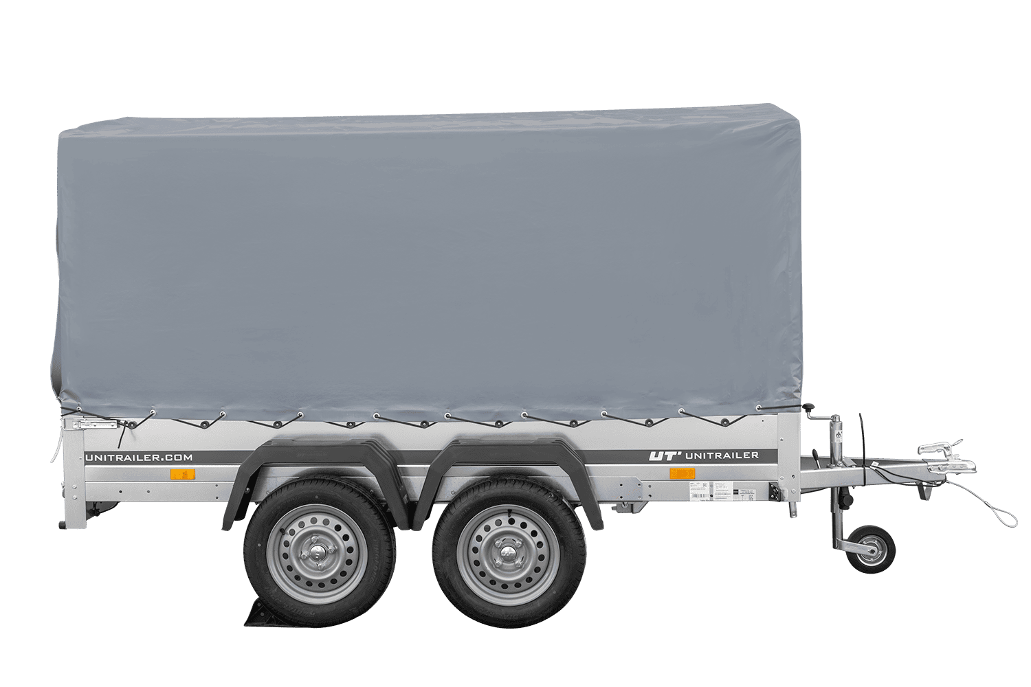 Remolque de dos ejes 264x150 UNITRAILER GARDEN 265/2 BASCULANTE con marco H-1100 y lona gris