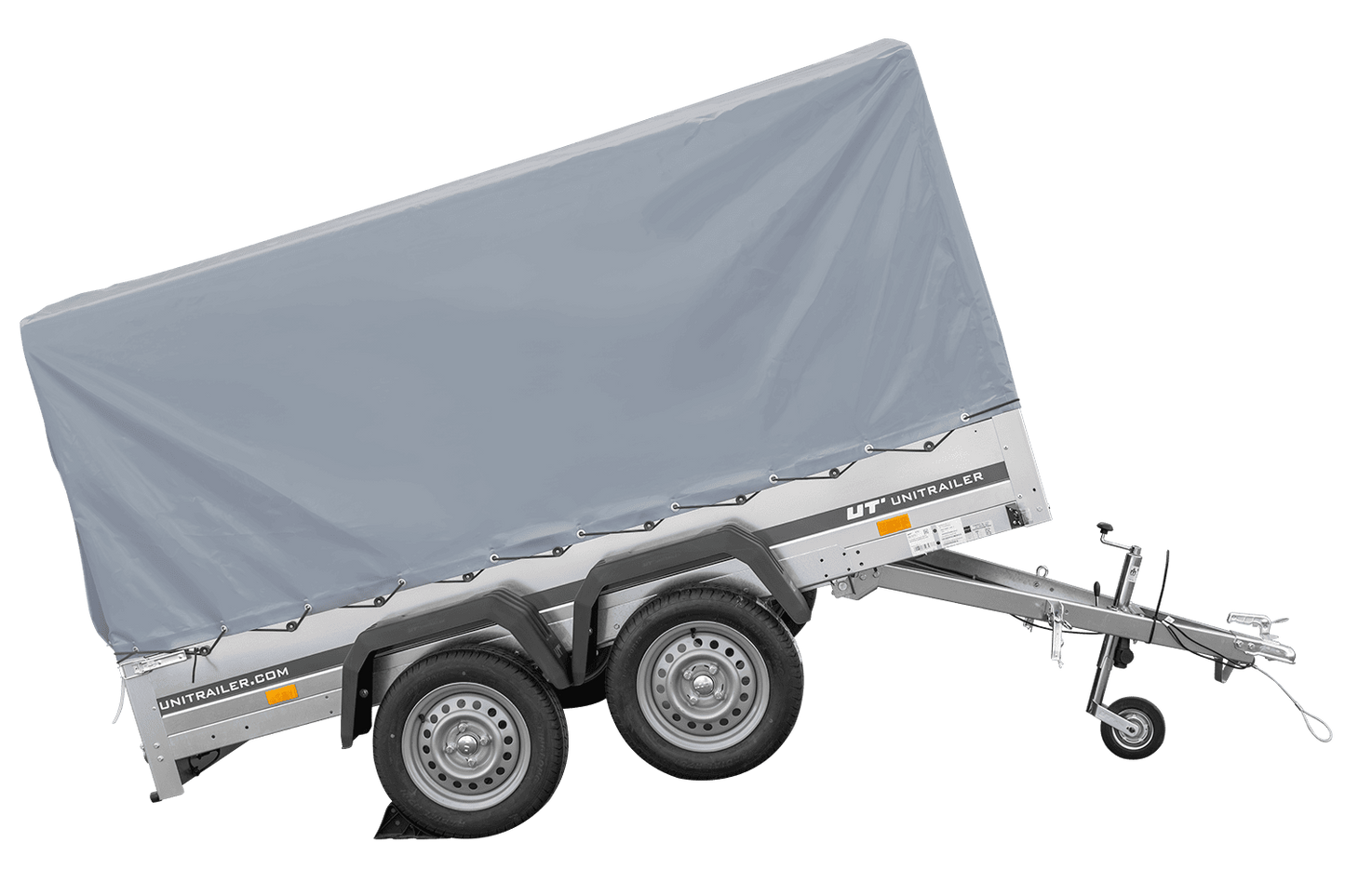 Remolque de dos ejes 264x150 UNITRAILER GARDEN 265/2 BASCULANTE con marco H-1100 y lona gris