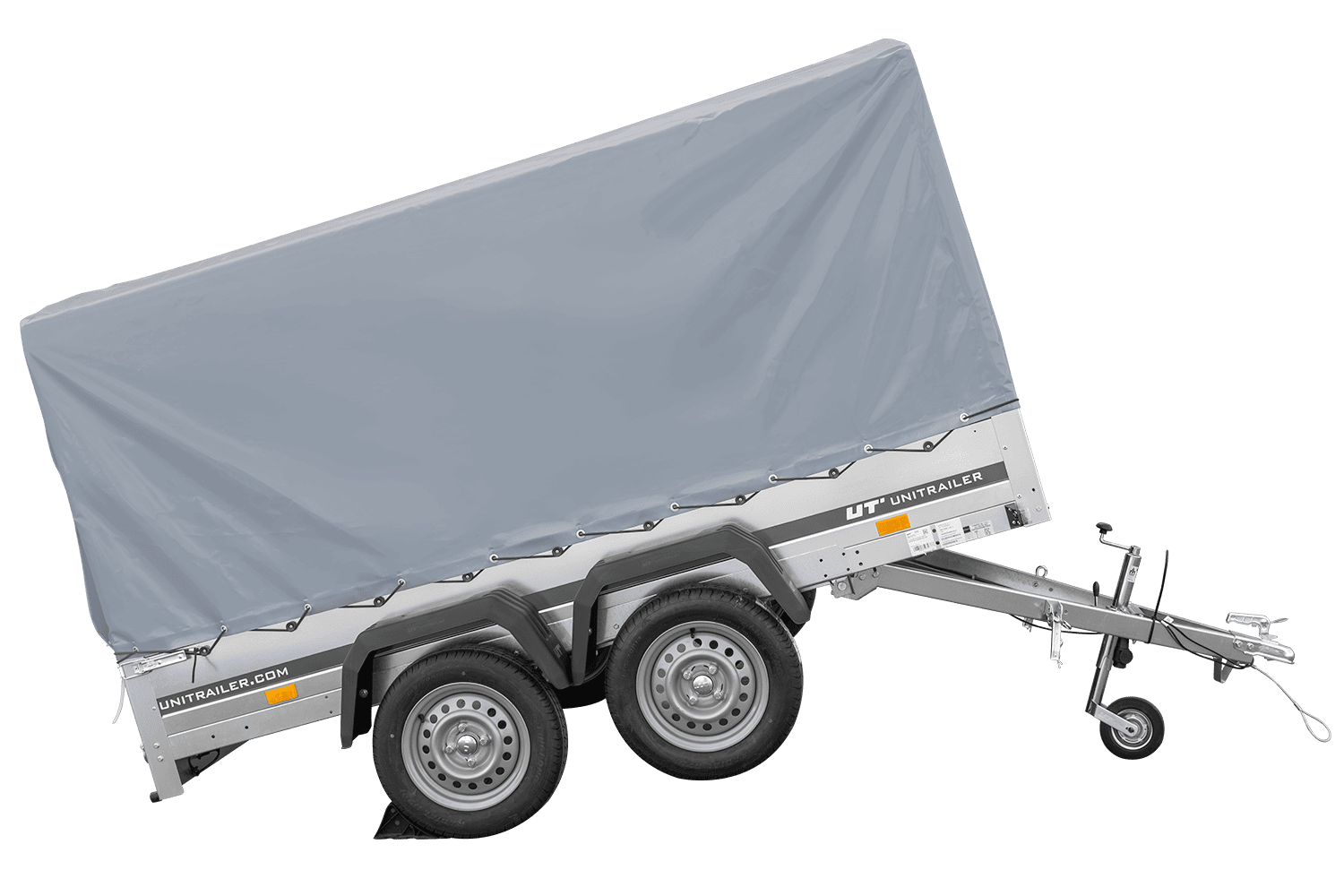 Remolque de dos ejes 264x150 UNITRAILER GARDEN 265/2 BASCULANTE con marco H-1100 y lona gris