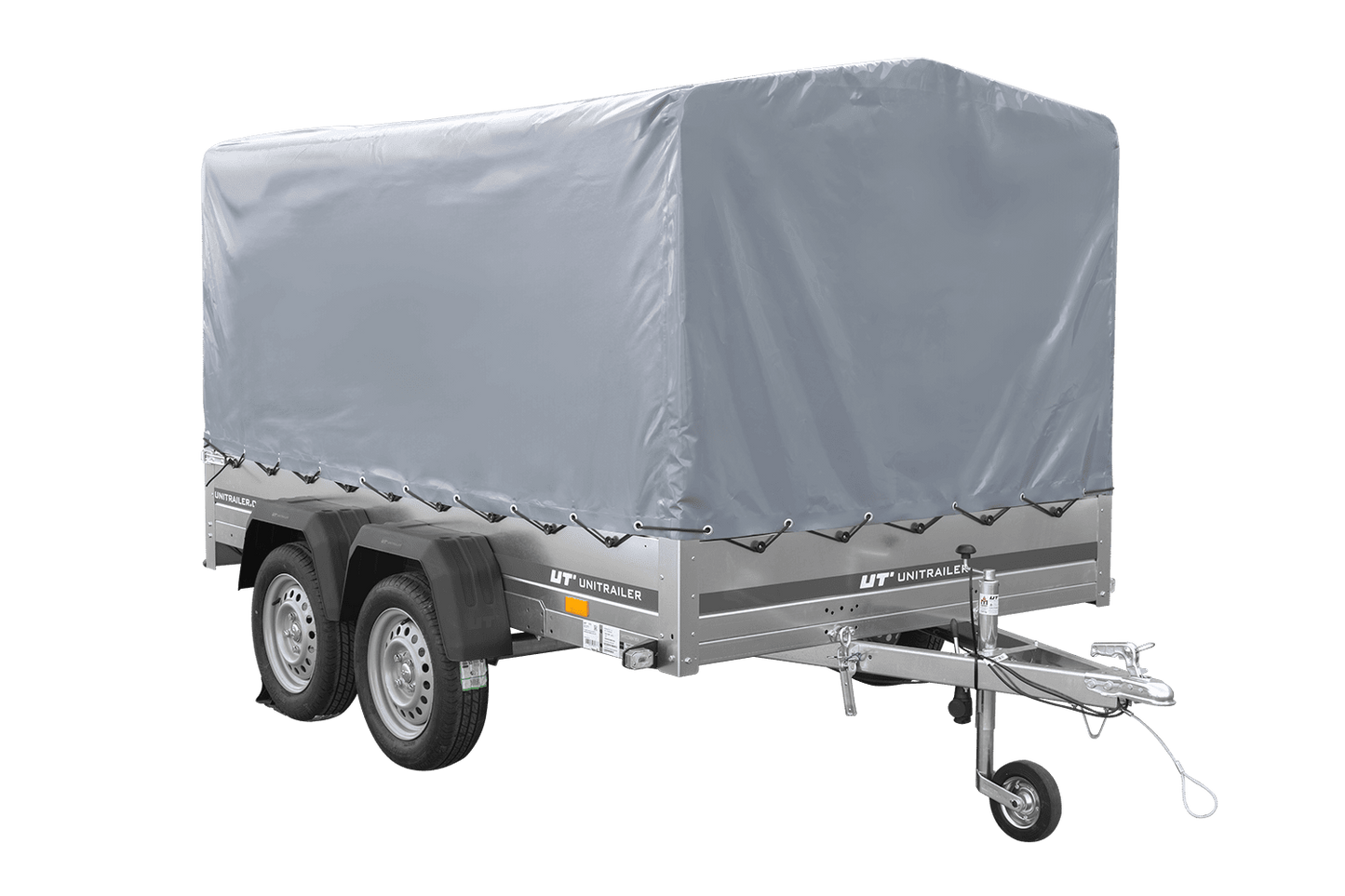 Remolque de dos ejes 264x150 UNITRAILER GARDEN 265/2 BASCULANTE con marco H-1100 y lona gris