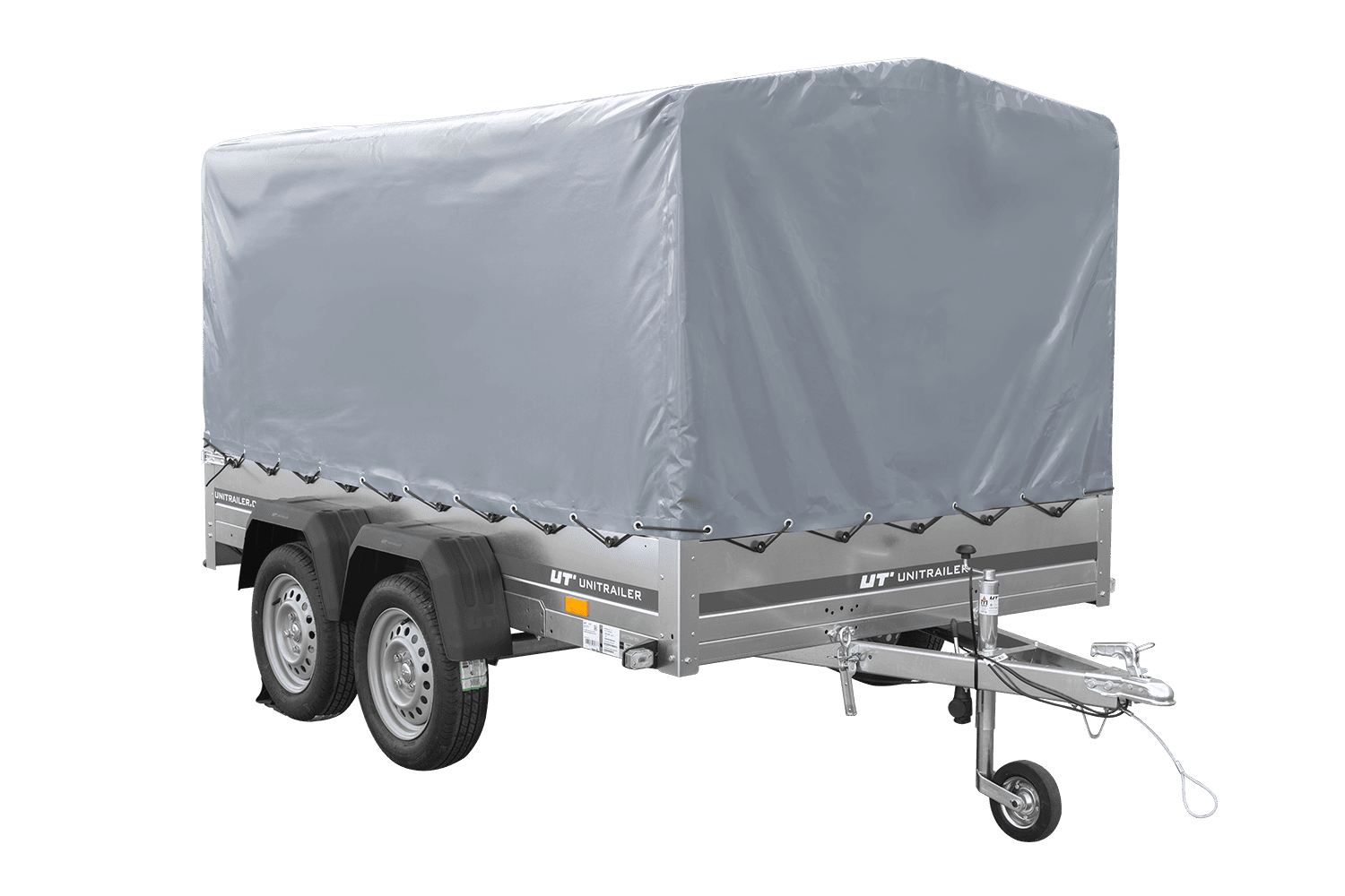 Remolque de dos ejes 264x150 UNITRAILER GARDEN 265/2 BASCULANTE con marco H-1100 y lona gris