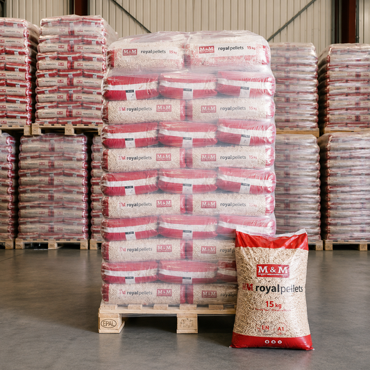 Palet de pellets MM ROYAL en sacos plásticos de 15 kg para calefacción