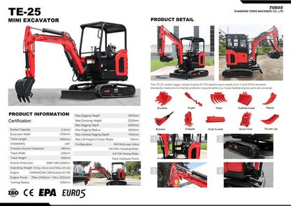 Miniexcavadora de 2,5 Toneladas con Cabina 24,5 KW – TOROS TE-25