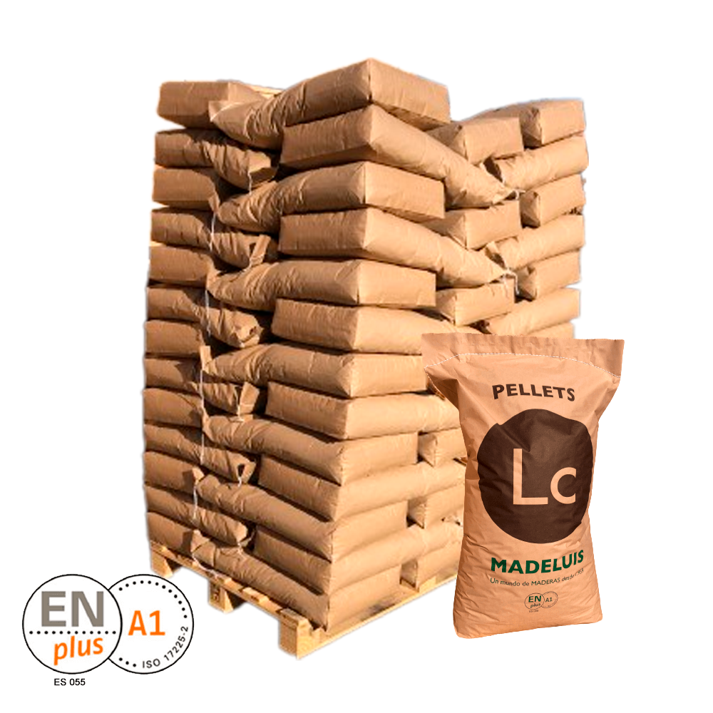 Palet de pellets Madeluis Pellet envase eco en sacos de 15 kg para calefacción